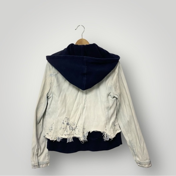 Free People Double Weave Denim Jacket Hooded Distressed Grunge Streetwear Sz M - Picture 7 of 7